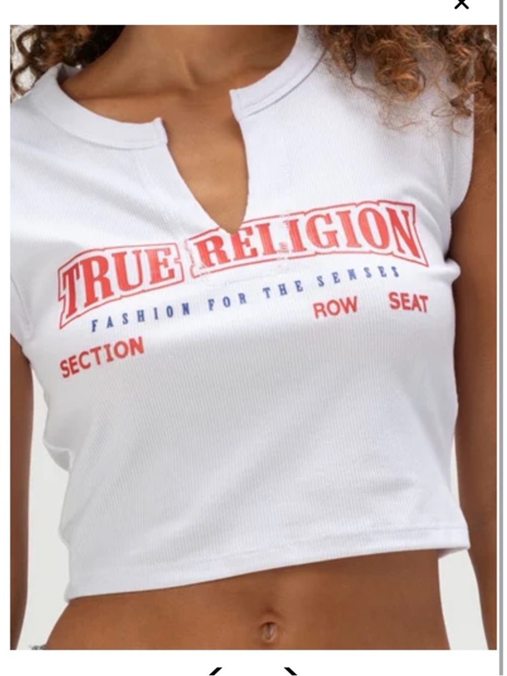 True Religion White Ribbed Notch-Neck Crop Tee with Red Logo